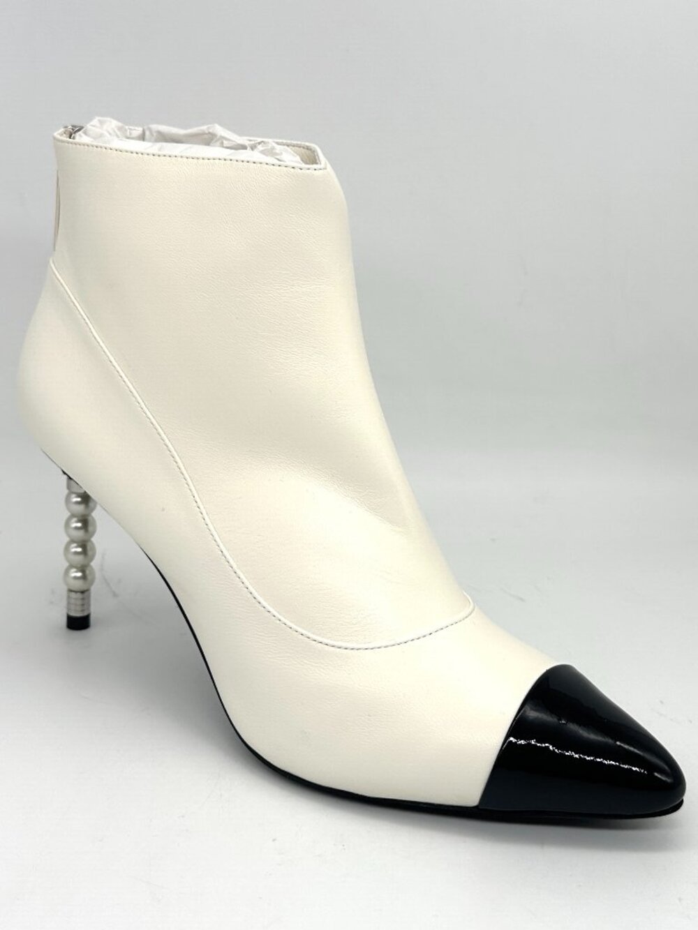 CHANEL 20C Leather Patent Cap Toe CC Pearl Track Heels Booties Ankle Boots